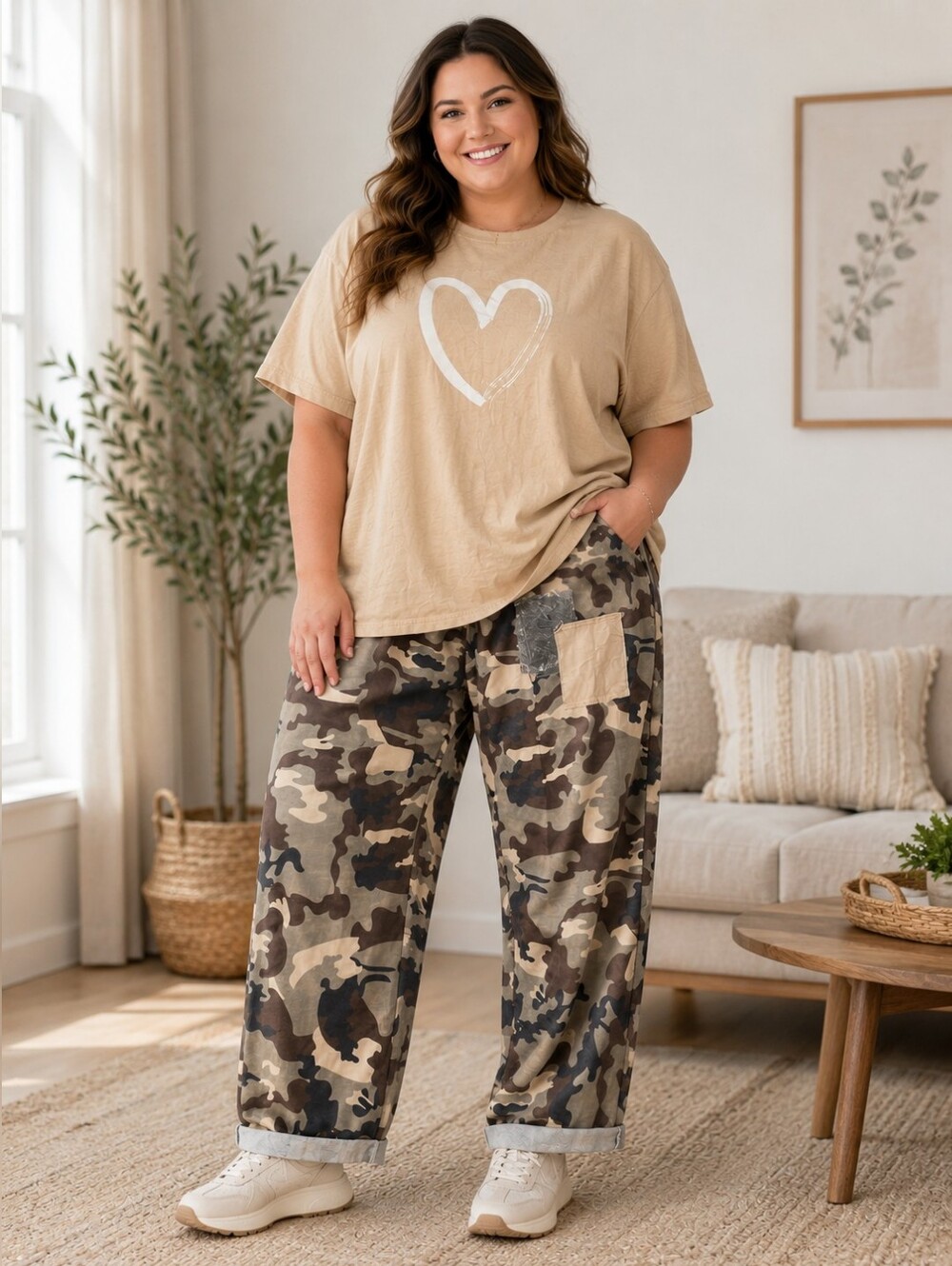 Women's XL Beige Heart Graphic Top & Camo Drawstring Pants Lounge Set NWOT